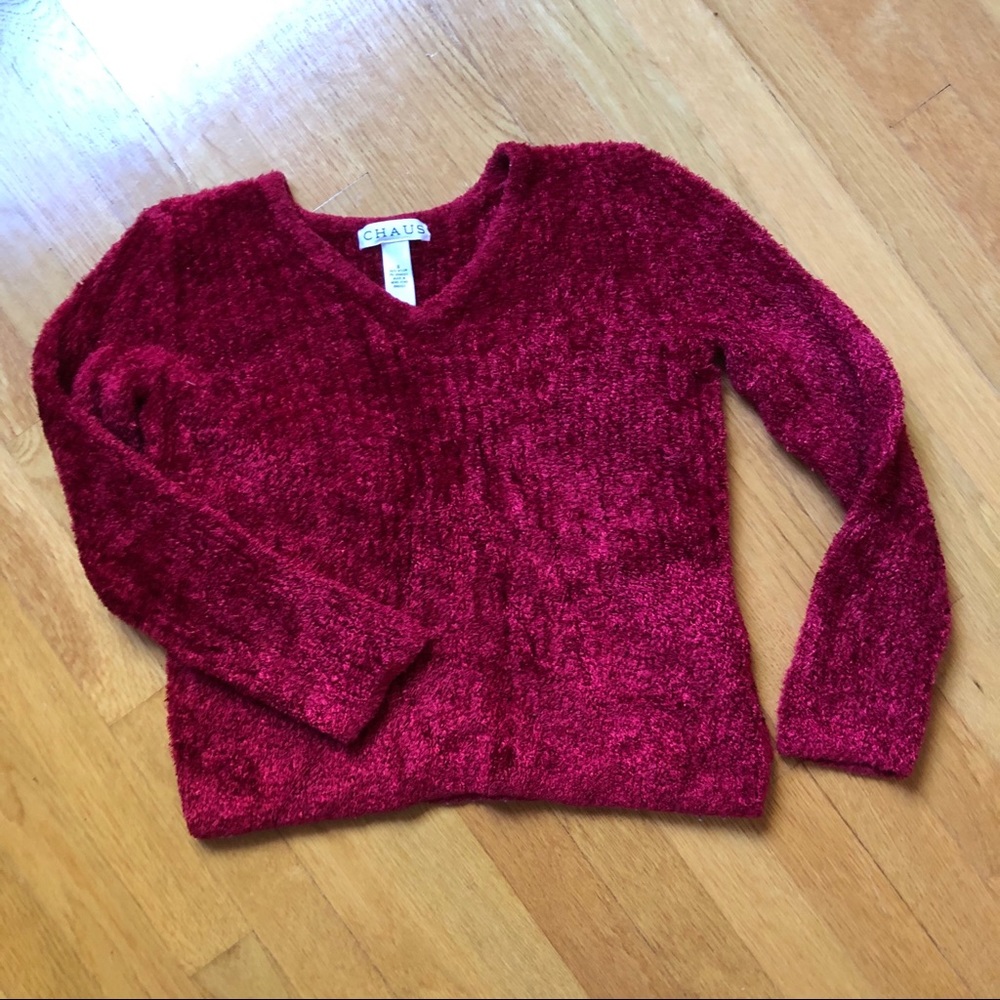 Chaus ruby red plush vneck pullover sweater